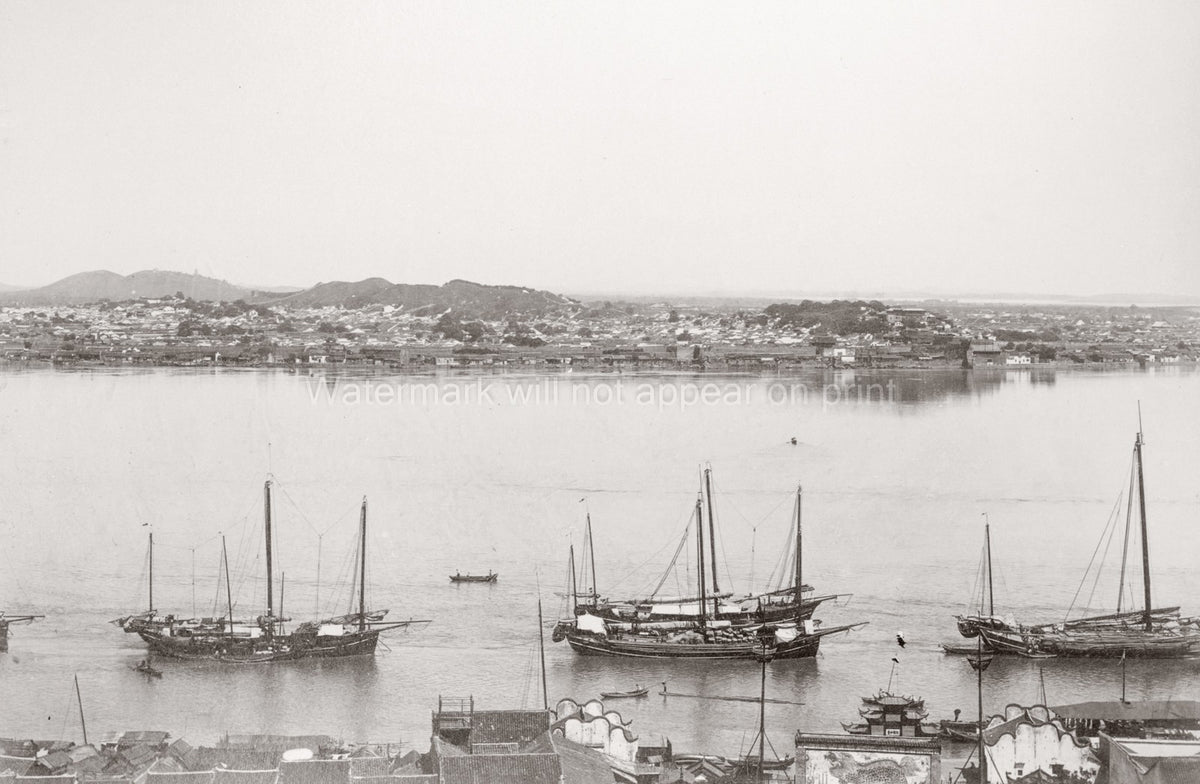 Nanking Nanjing China Cityscape River Harbor Boats Junks Vtg. Photo 19thC.