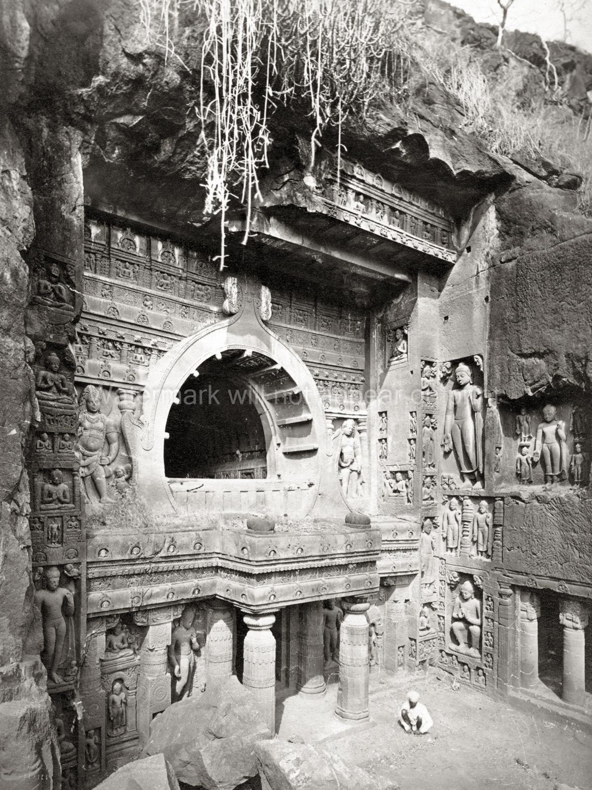 India Rock-Cut Caves Temple Facade Sculpture Architecture Vtg. Photo 19thC.