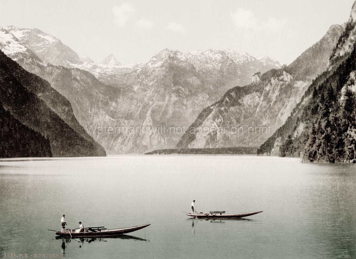 Knigssee Bavaria Germany Lake Mountains Boats Alpine Scenery Vtg. Photo 19thC.