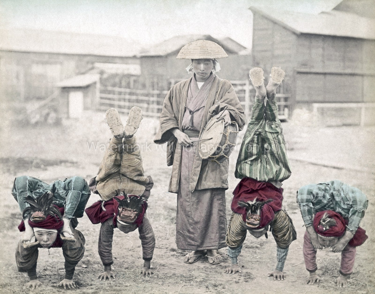 Japan Street Acrobats Performers Children Masks Drum Handstand Vtg. Photo 19thC.