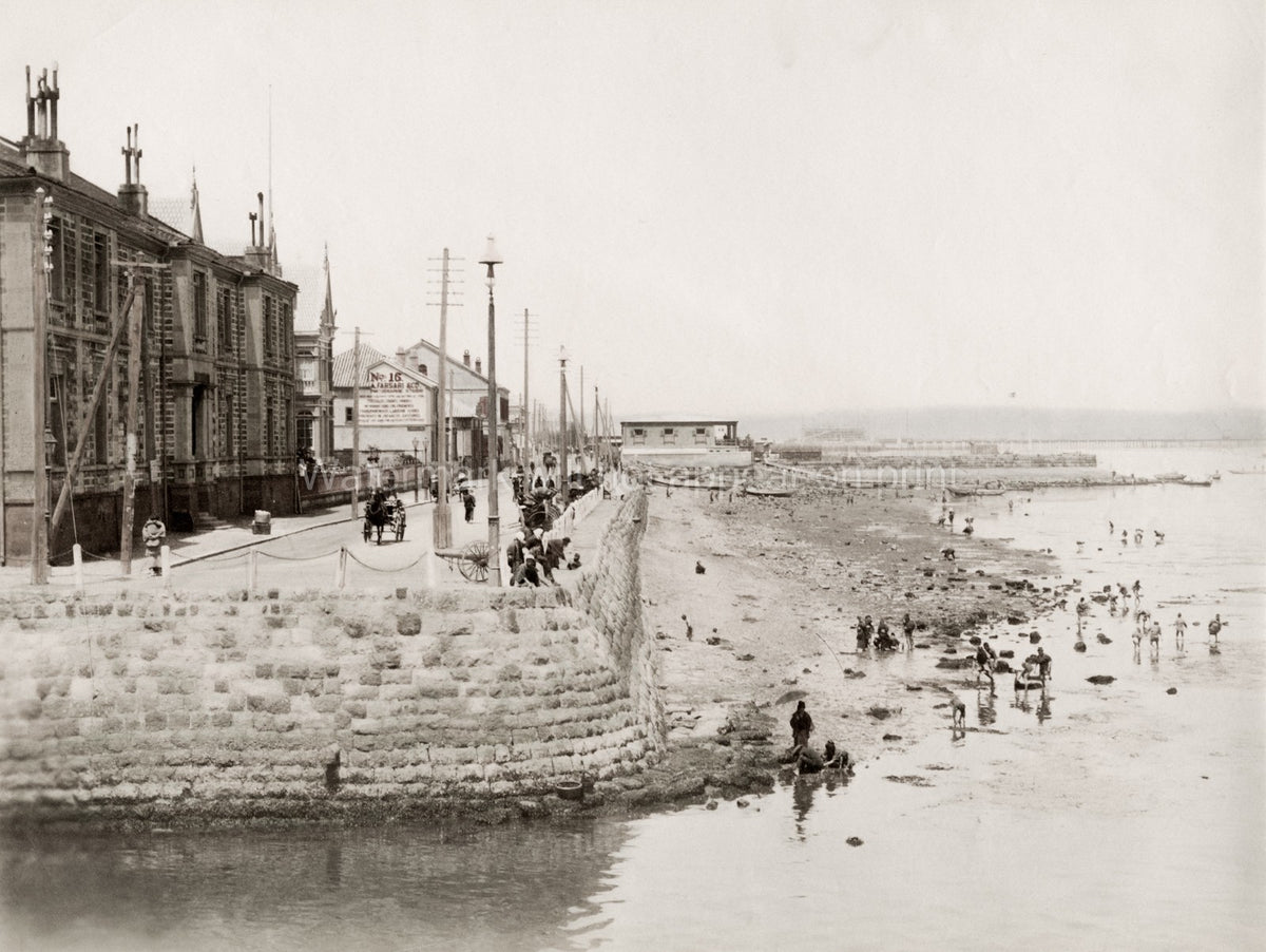 Yokohama Japan Bund Street Scene Seawall People Beach Vtg. Photo 19thC.
