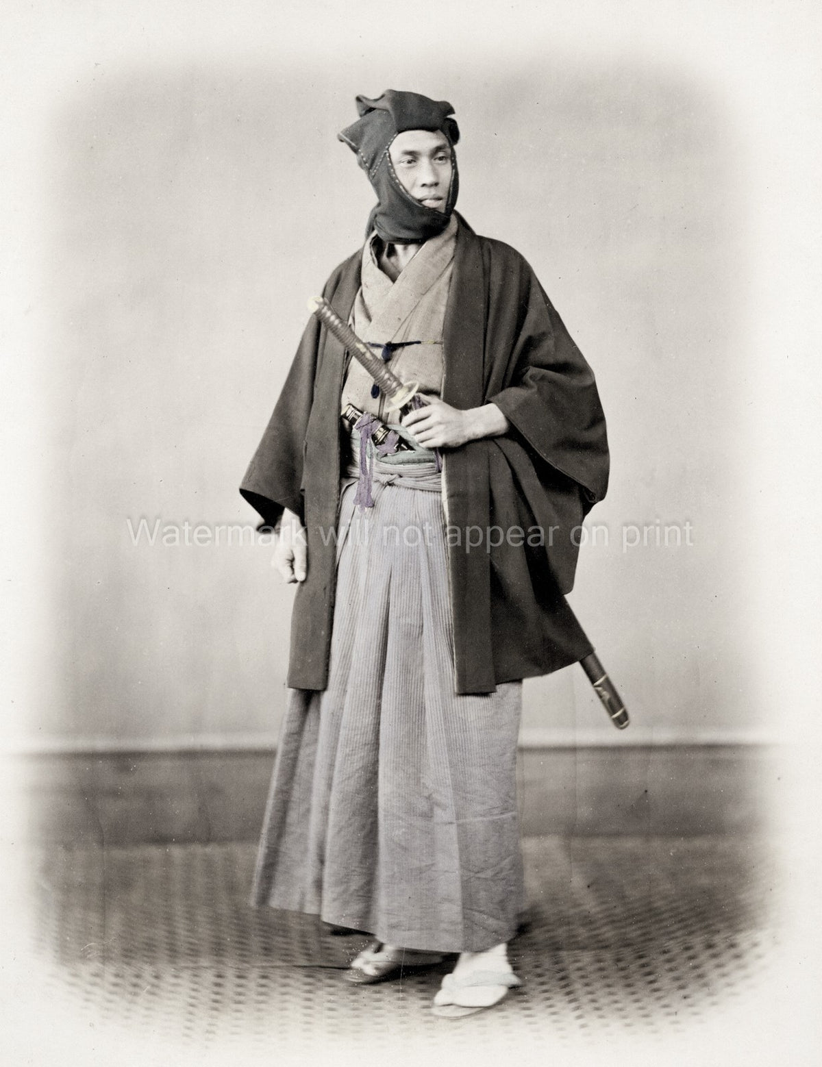 Japanese Man Samurai Warrior Katana Sword Traditional Winter Vtg. Photo 19thC.