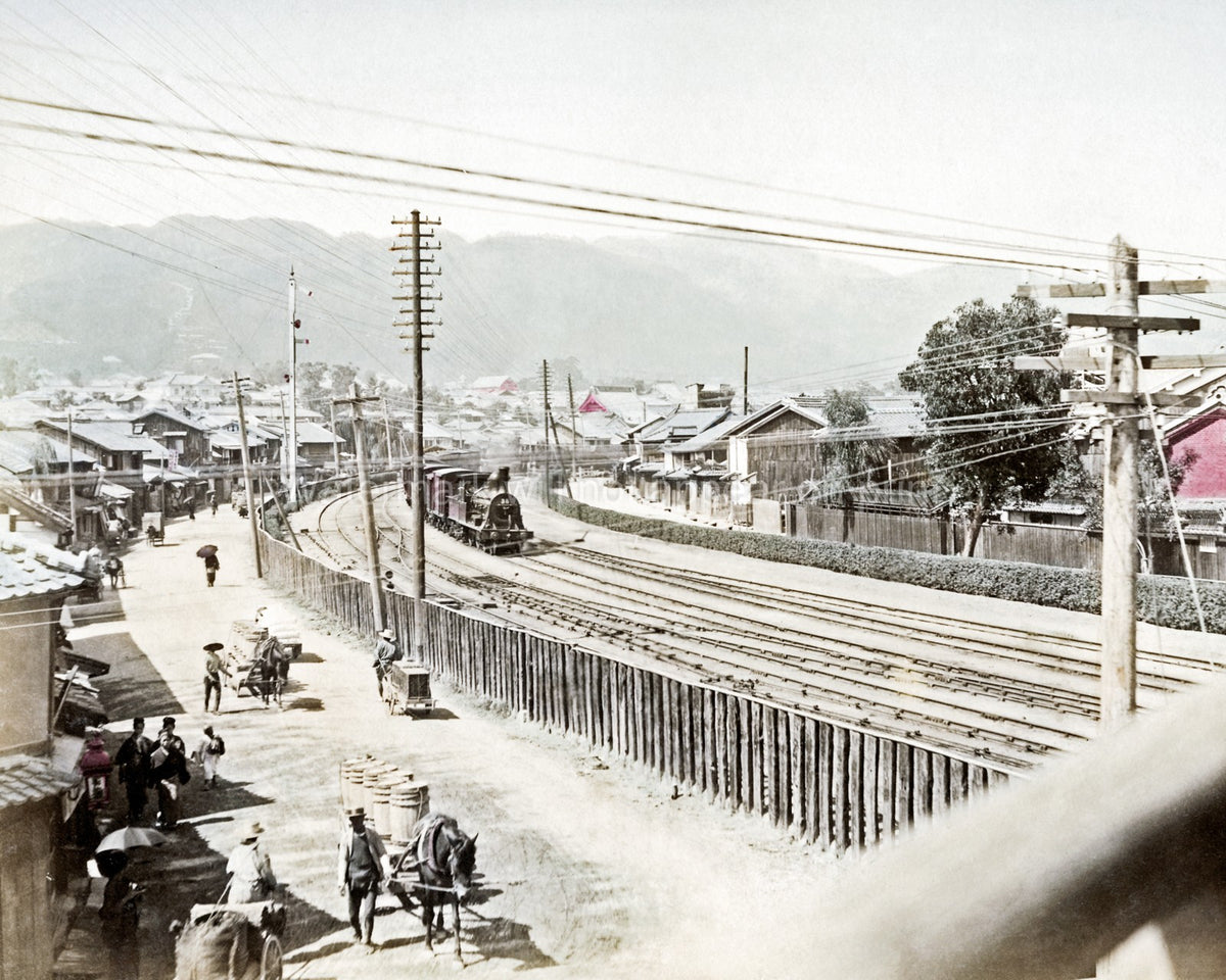 Kobe Japan Railway Train Steam Locomotive Town Street Scene Vtg. Photo 19thC.