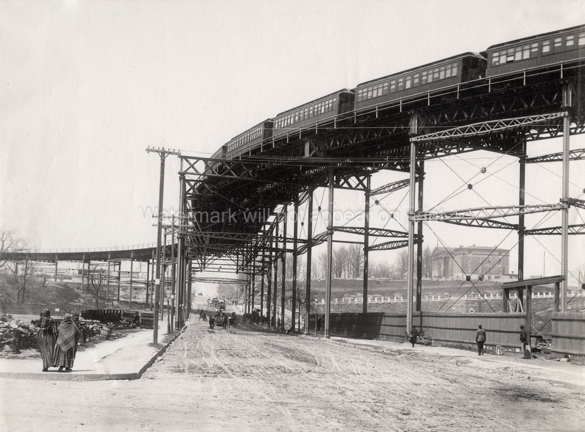 New York El-Train Elevated Railroad Construction Horse Carts Vtg. Photo 19thC.
