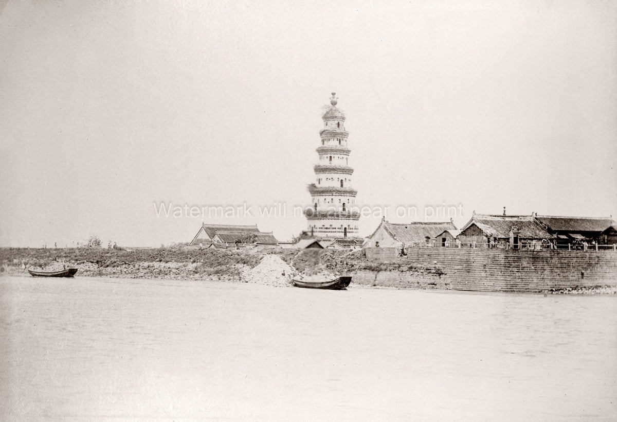China Yangtze River Pagoda Tower Architecture Boats Riverbank Vtg. Photo 19thC.