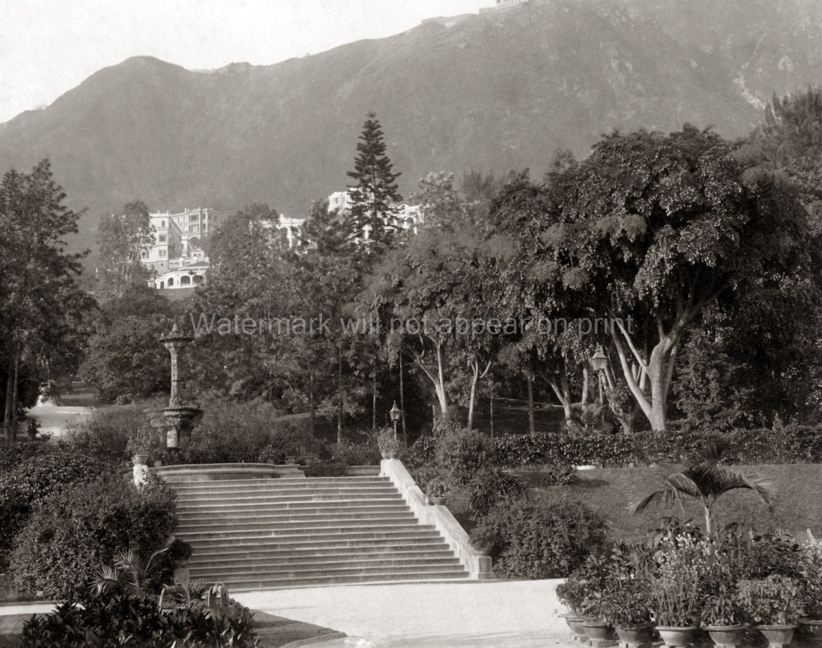 Hong Kong Public Gardens Stairs Fountain Mountain Landscape Vtg. Photo 19thC.