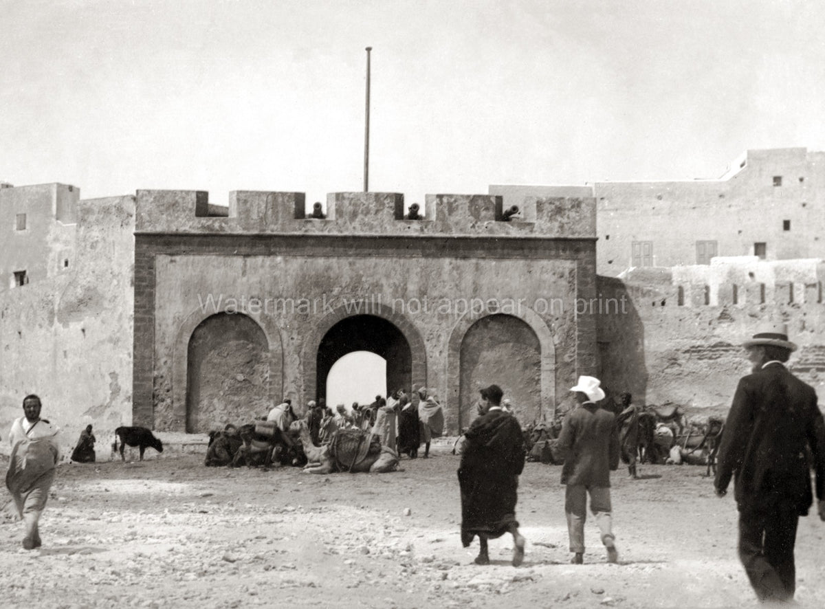 Tangier Morocco City Gate Fortress Walls Camels Market Scene Vtg. Photo 20thC.