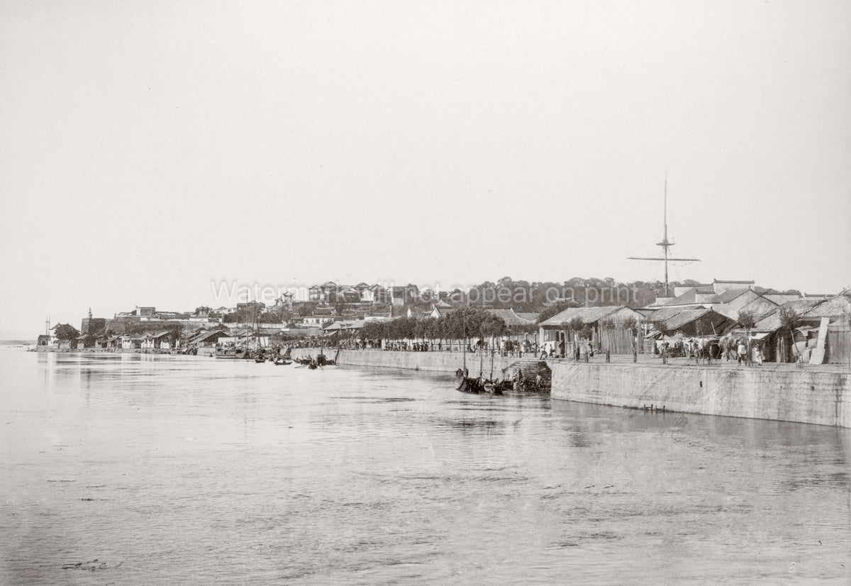 Wuchang Wuhan China Waterfront River Cityscape Boats Crowd Vtg. Photo 19thC.