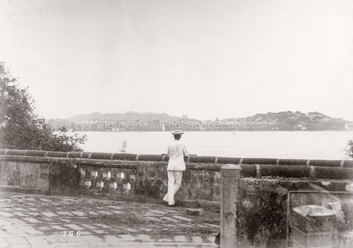 Wuchang Wuhan China Man Overlooking River Landscape Balustrade Vtg. Photo 19thC.