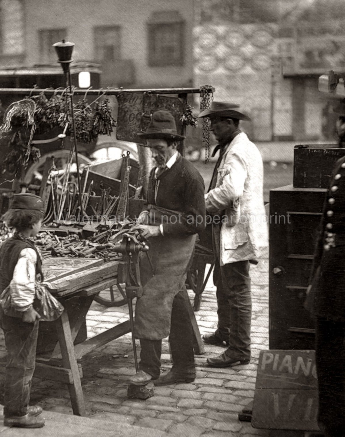London Street Locksmith Vendor Workbench Tools Life Vtg. Photo 19thC.