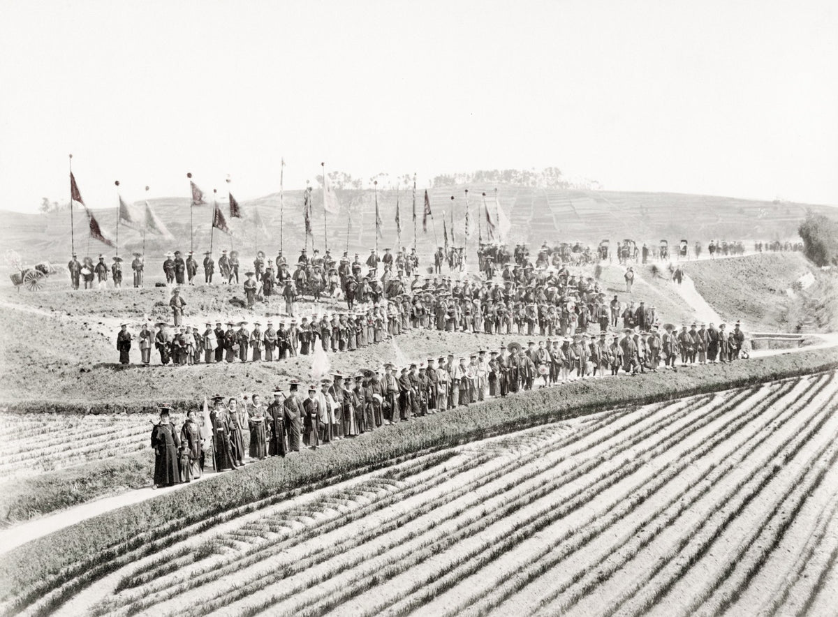 Japan Large Crowd Hillside Banners Procession Hats Vtg. Photo 19thC.