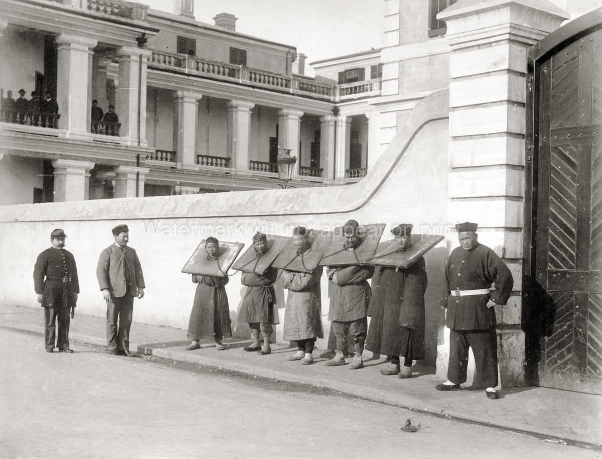 China Convicts Cangue Punishment Prisoners Guards Street Scene Vtg. Photo 19thC.