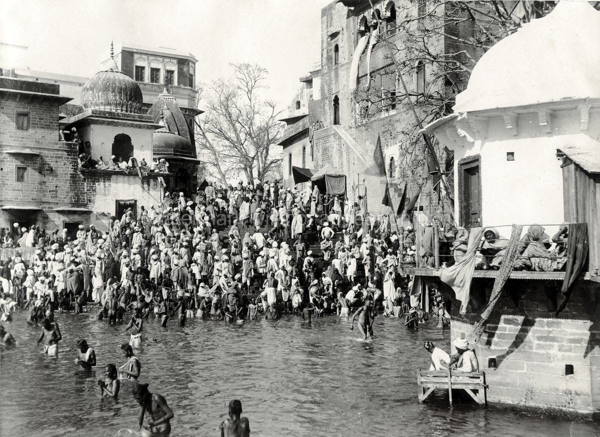 Haridwar India River Bathing Ghat Crowd Pilgrims Hindu Temple Vtg. Photo 19thC.