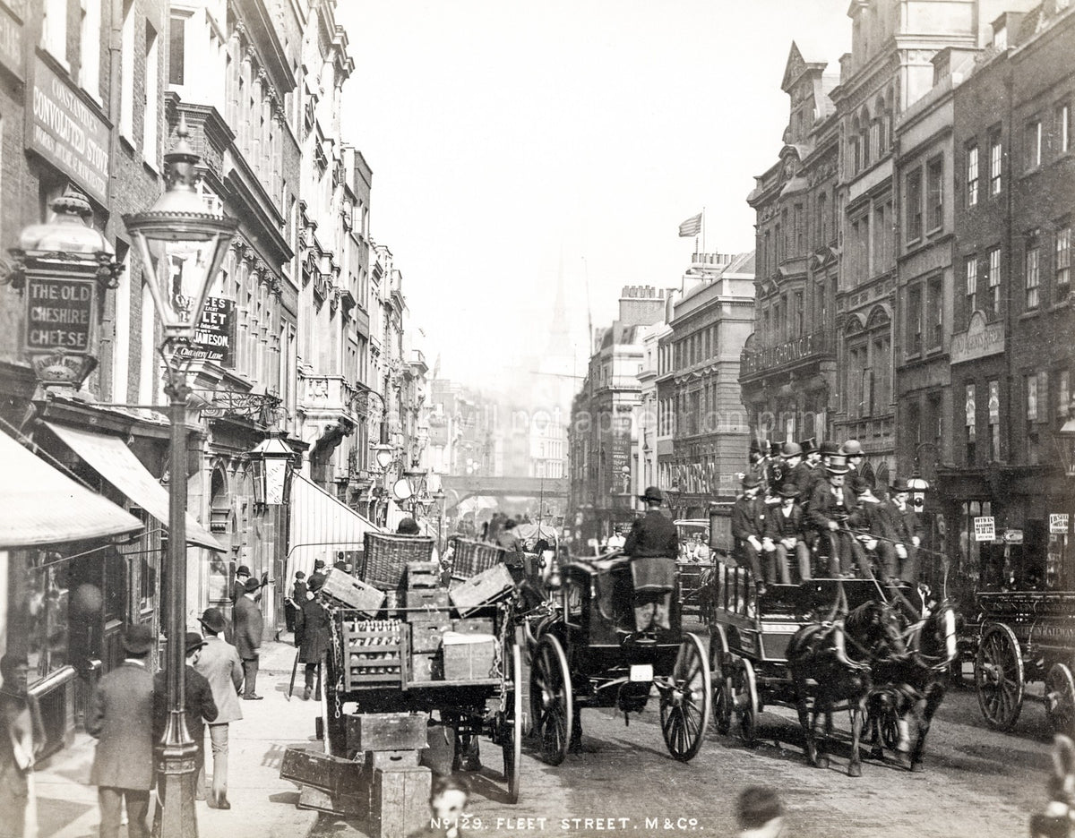 Fleet Street London Horse Drawn Traffic Carriages Pubs Vtg. Photo 19thC.
