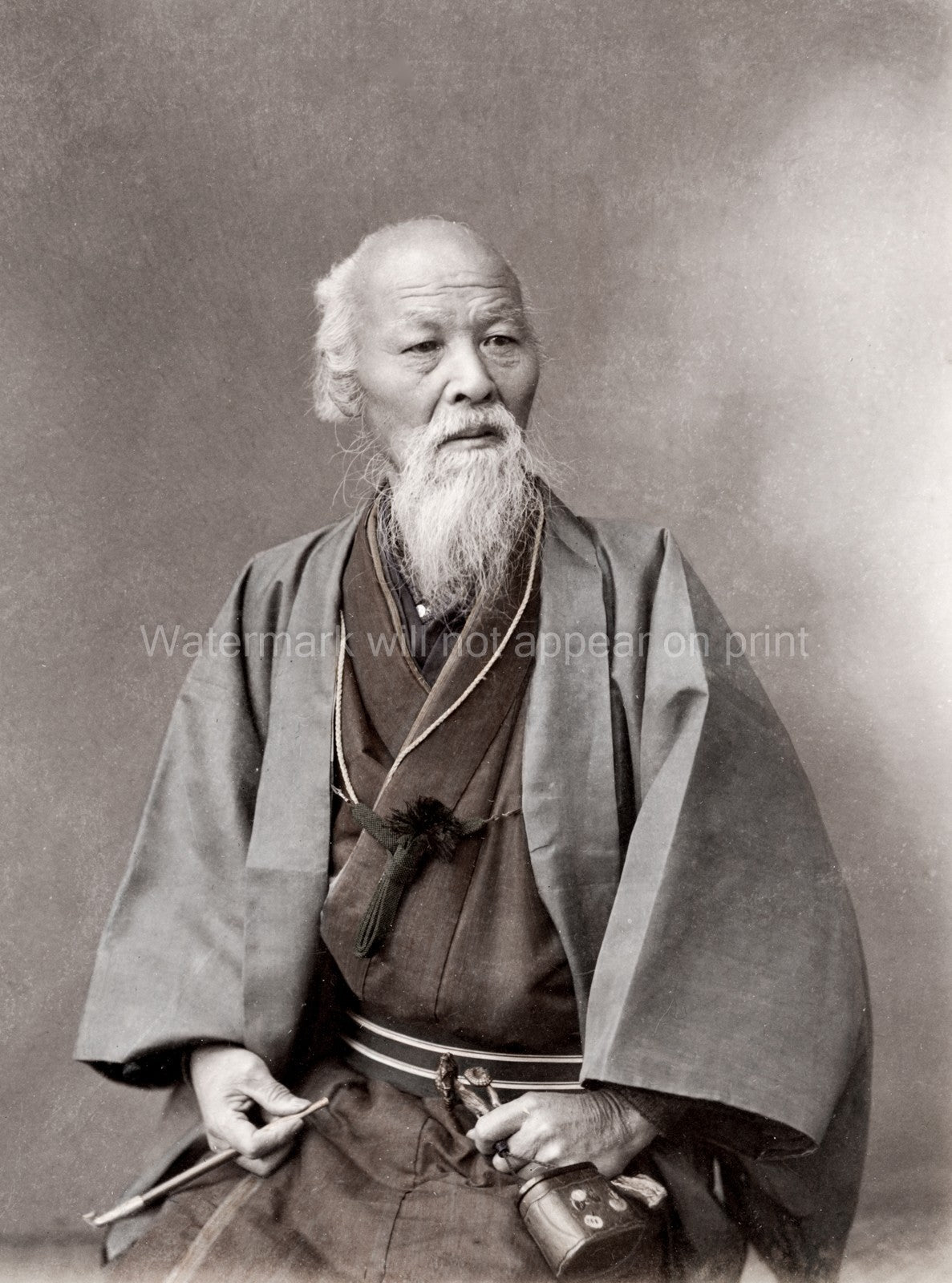 Distinguished Japanese Man Grey Beard Kimono Pipe Portrait Vtg. Photo 19thC.