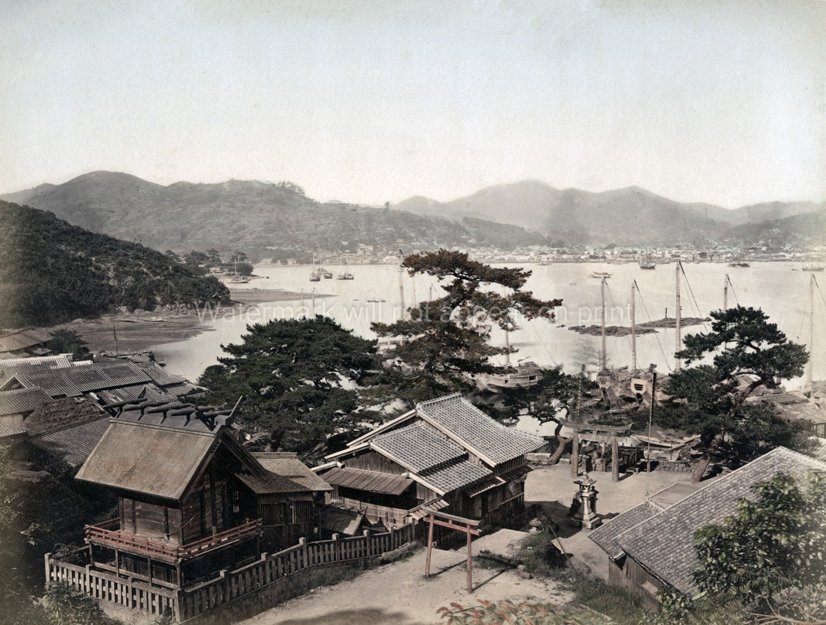 Nagasaki Harbour Japan Shinto Shrine Torii Gate Boats Village Vtg. Photo 19thC.