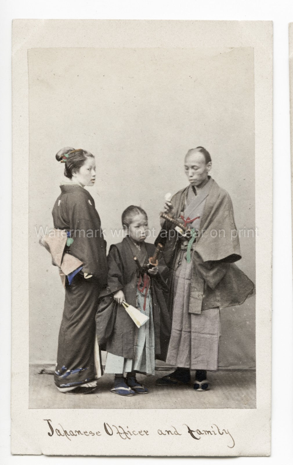 Japanese Officer Family Portrait Samurai Sword Kimono Japan Vtg. Photo 19thC.