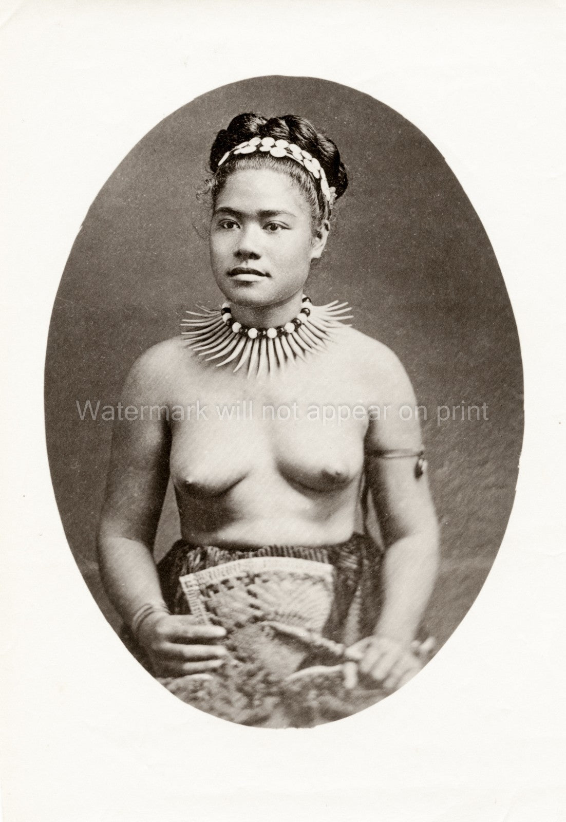 Fiji Tahiti Samoa Woman Traditional Dress Necklace Portrait Vtg. Photo 19thC.