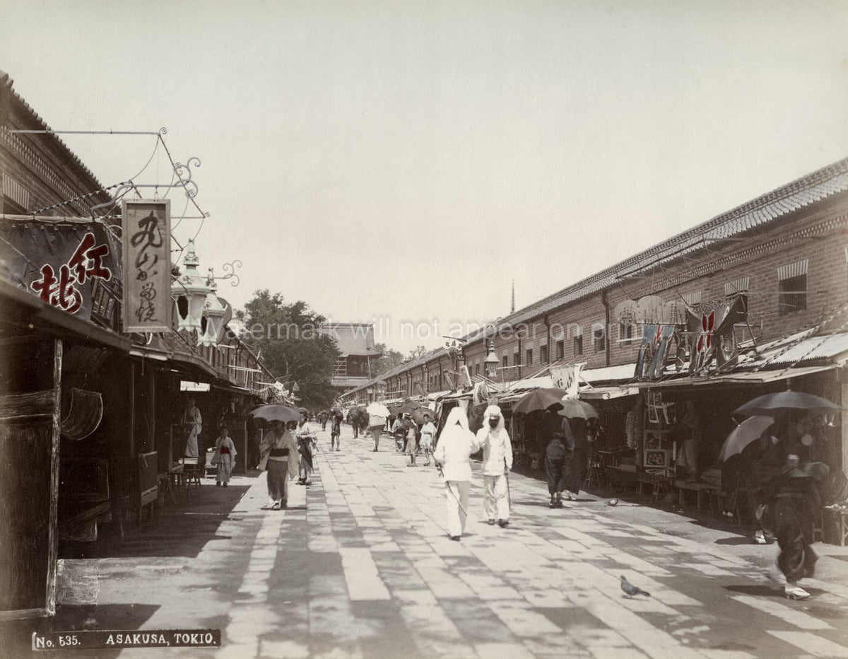 Asakusa Tokyo Row Shops Nakamise-dori Street Scene Pilgrims Vtg. Photo 19thC.