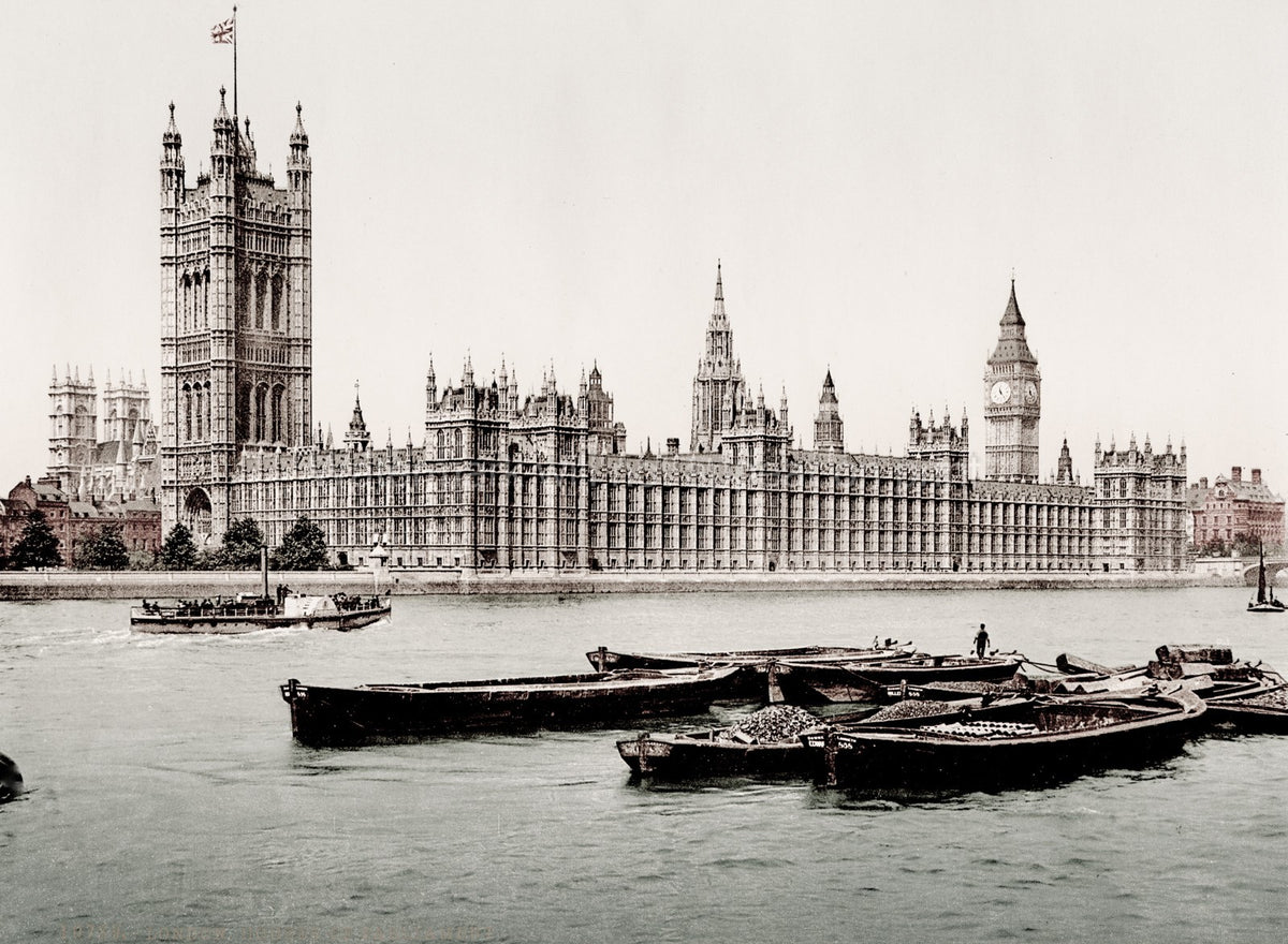 London Palace Westminster Houses Parliament River Thames Boats Vtg. Photo 19thC.