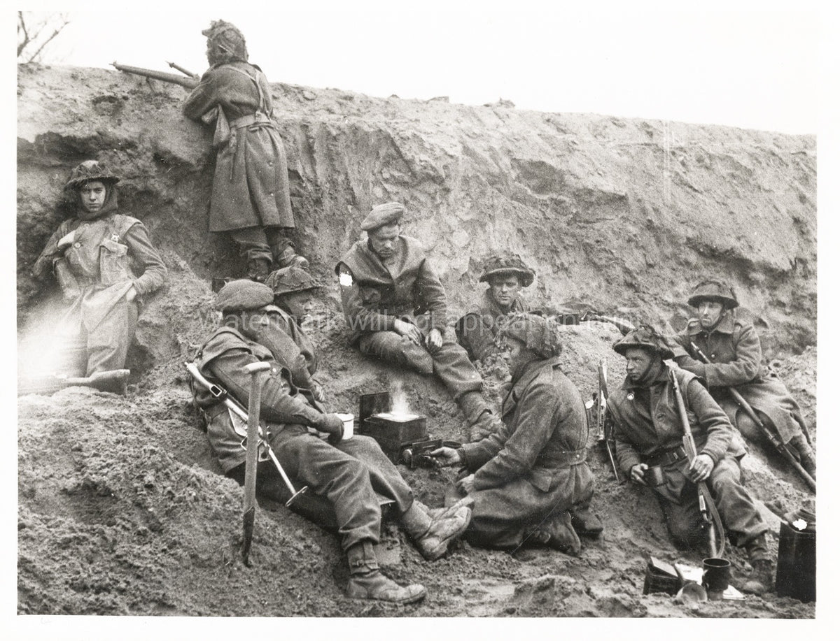 WWII British Army Soldiers Cook Meal Trench Rifles Uniforms Vtg. Photo WW2