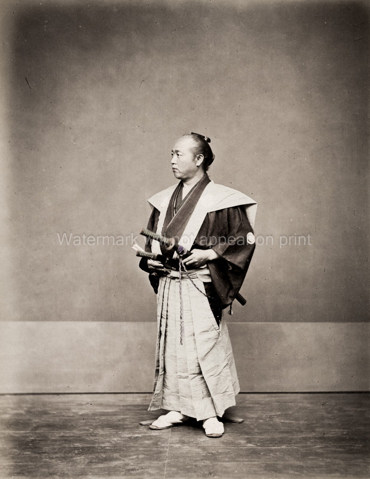 Japanese Samurai Warrior Traditional Dress Swords Katana Vtg. Photo 19thC.