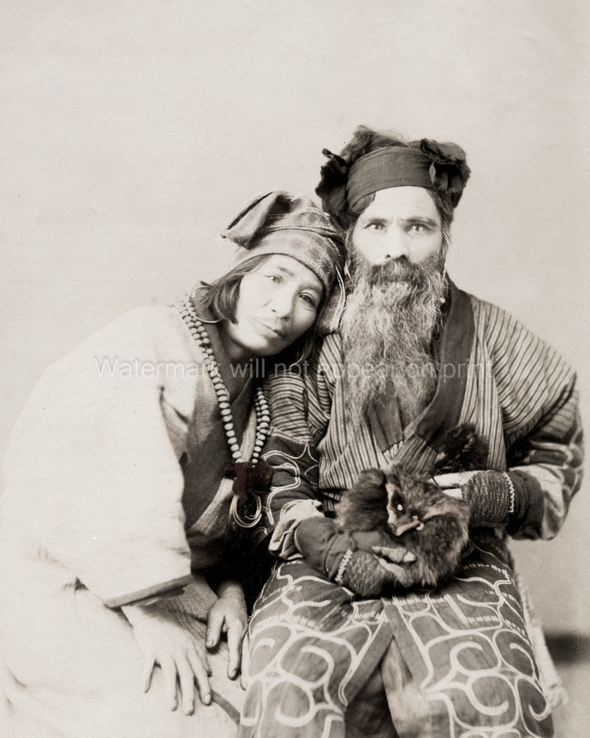 Japan Ainu Indigenous Couple Traditional Clothing Hokkaido Vtg. Photo 19thC.