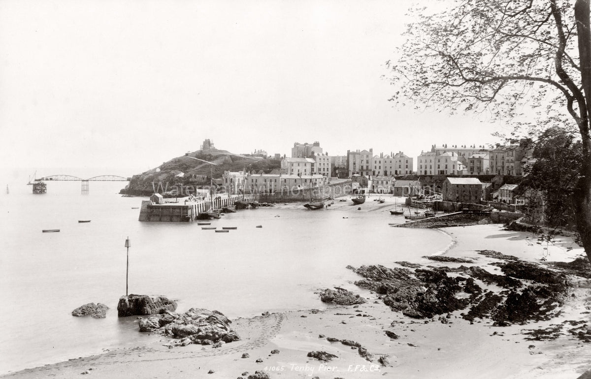 Tenby Wales Harbour Pier Seaside Town Castle Hill Boats Vtg. Photo 20thC.