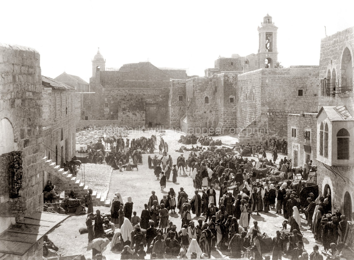 Bethlehem Palestine Market Place Manger Square Crowd Camels Vtg. Photo 19thC.