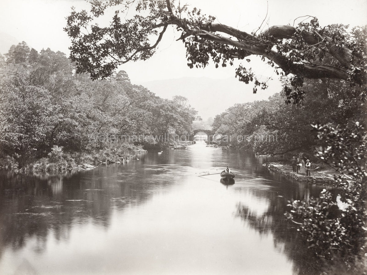 Scenic River Rowing Boat Victorian People Stone Bridge Vtg. Photo 19thC.