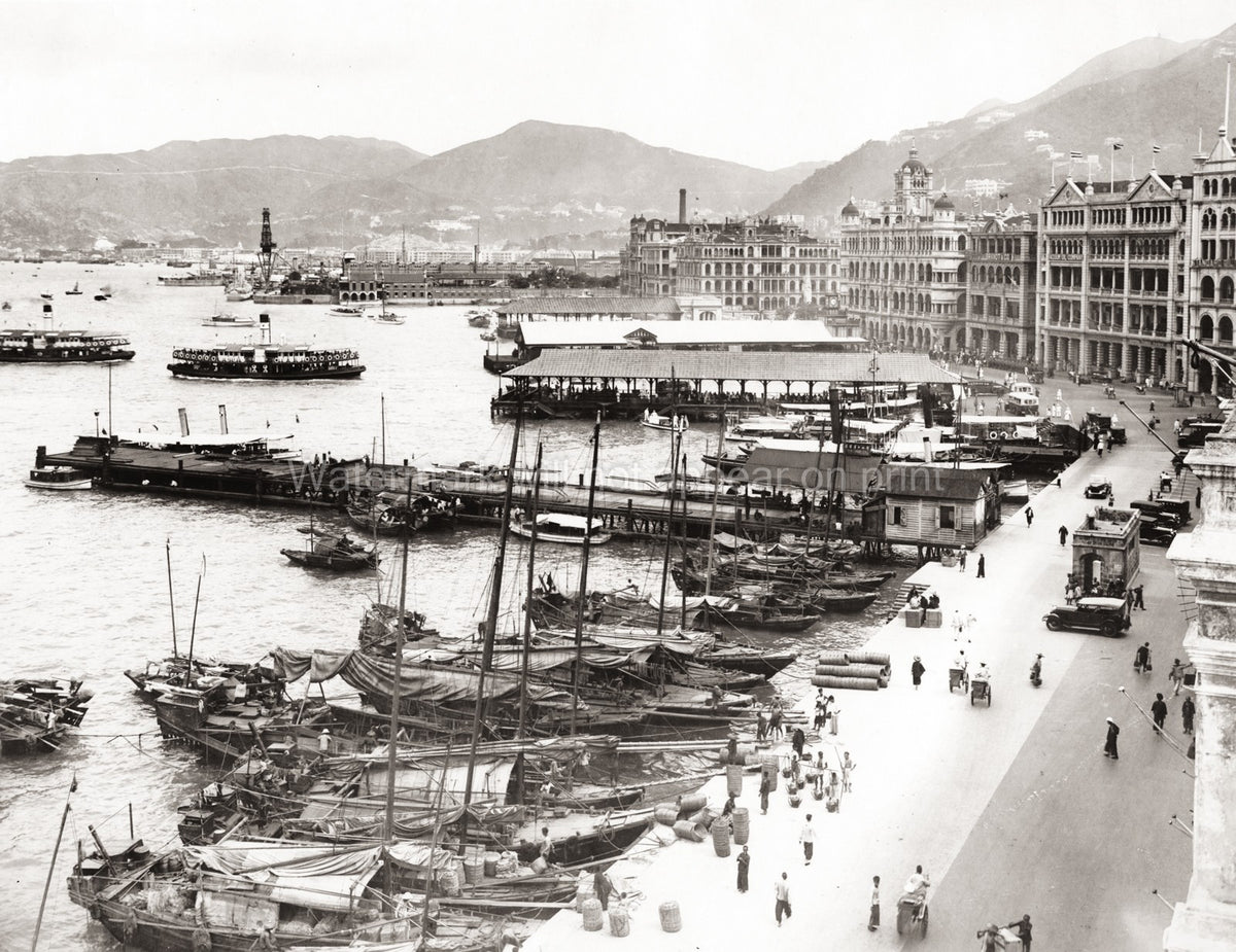 Hong Kong Waterfront Harbour Boats Junks Ferries Cityscape Vtg. Photo 19thC.