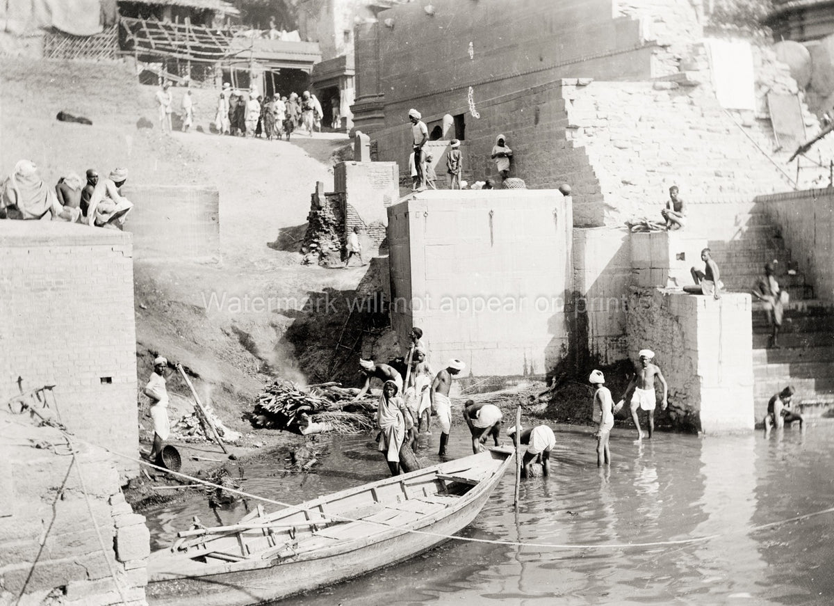 Benares Varanasi India Burning Ghat Dead River Ritual Vtg. Photo 19thC.