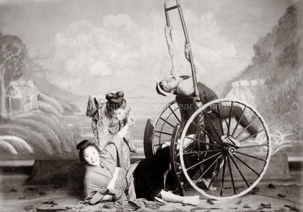 Japan Rickshaw Accident Studio Tableau Women Kimono Performers Vtg. Photo 19thC.