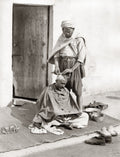 Algerian Sahara Barber Cutting Hair Street Scene Men Turban Vtg. Photo 19thC.