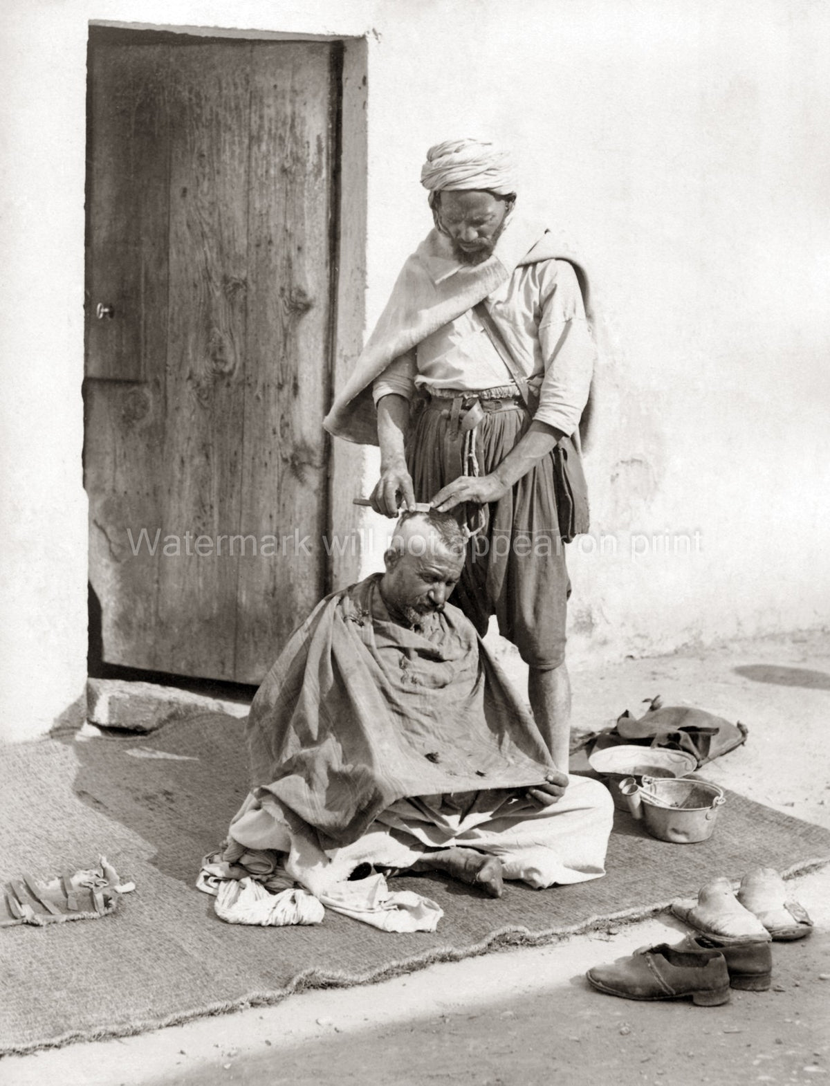 Algerian Sahara Barber Cutting Hair Street Scene Men Turban Vtg. Photo 19thC.