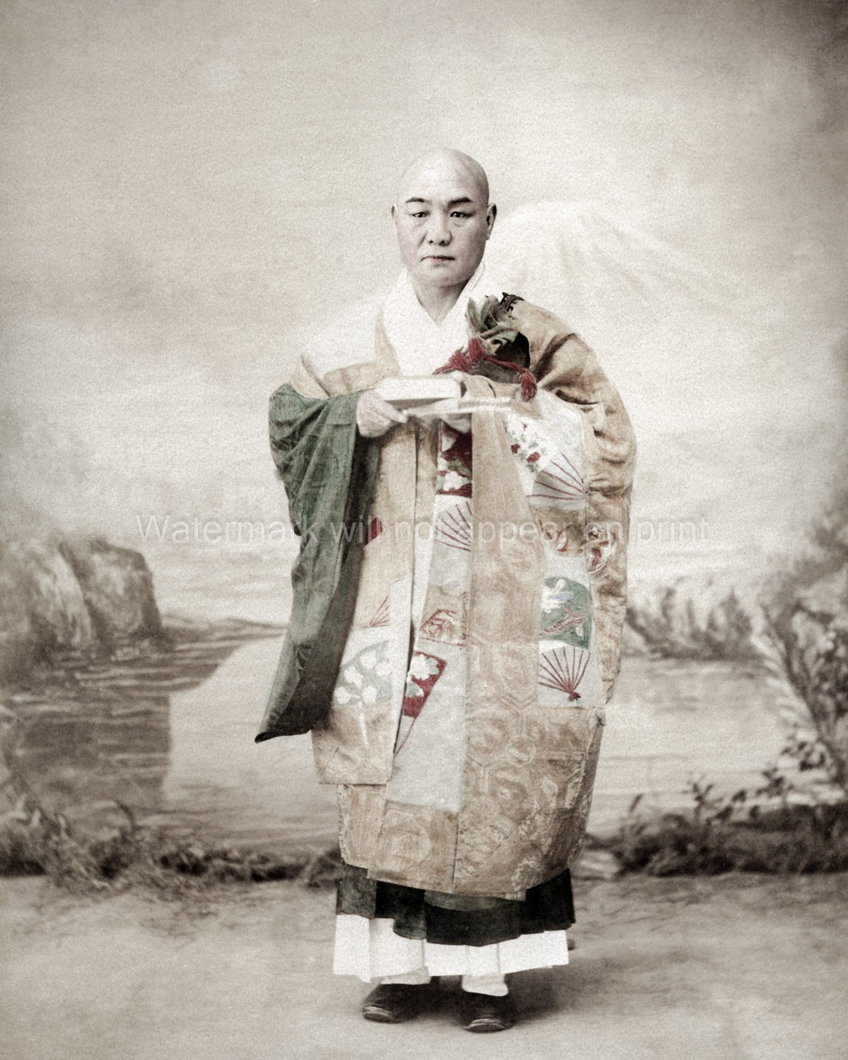 Japan Buddhist Priest Monk Portrait Ornate Robes Kesa Mt Fuji Vtg. Photo 19thC.