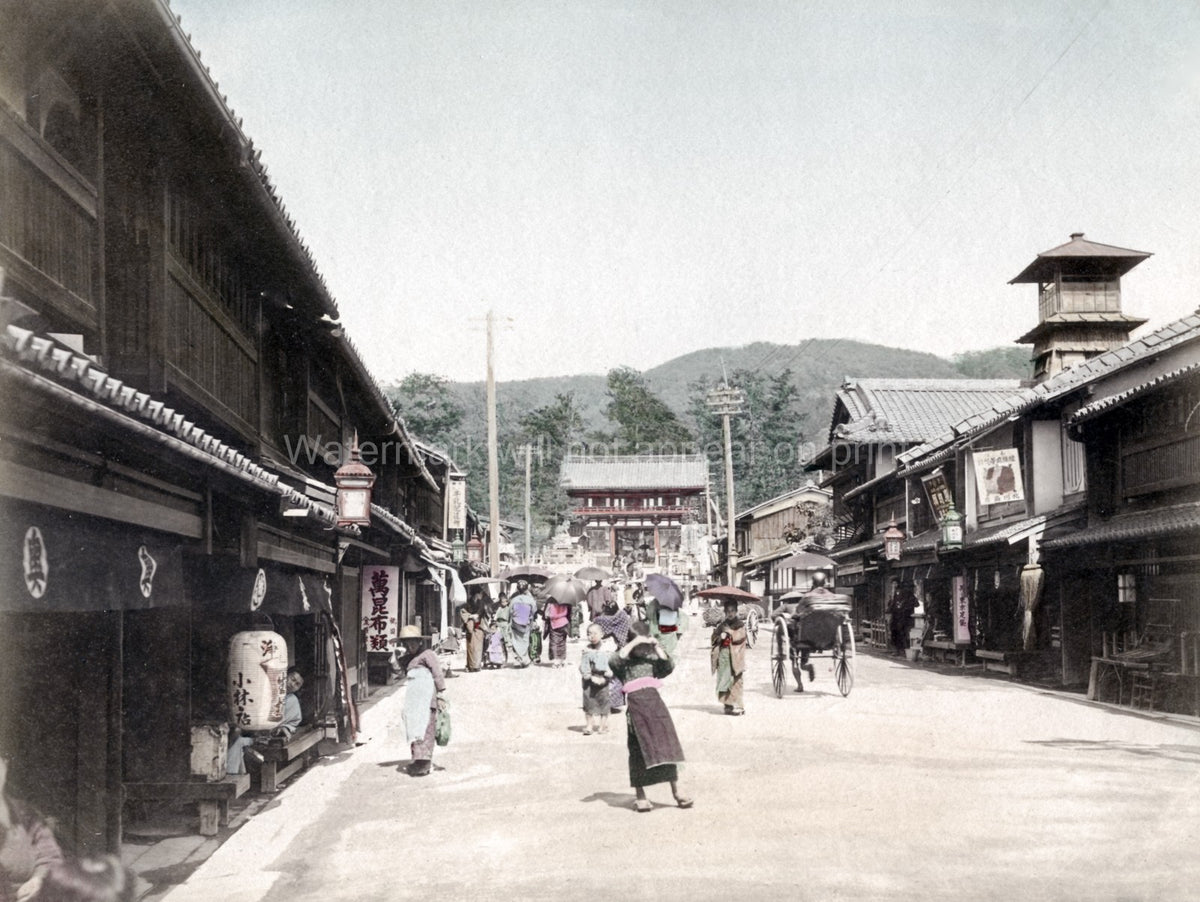 Japan Street Scene Daily Life Temple Gate Rickshaw Kimono Vtg. Photo 19thC.
