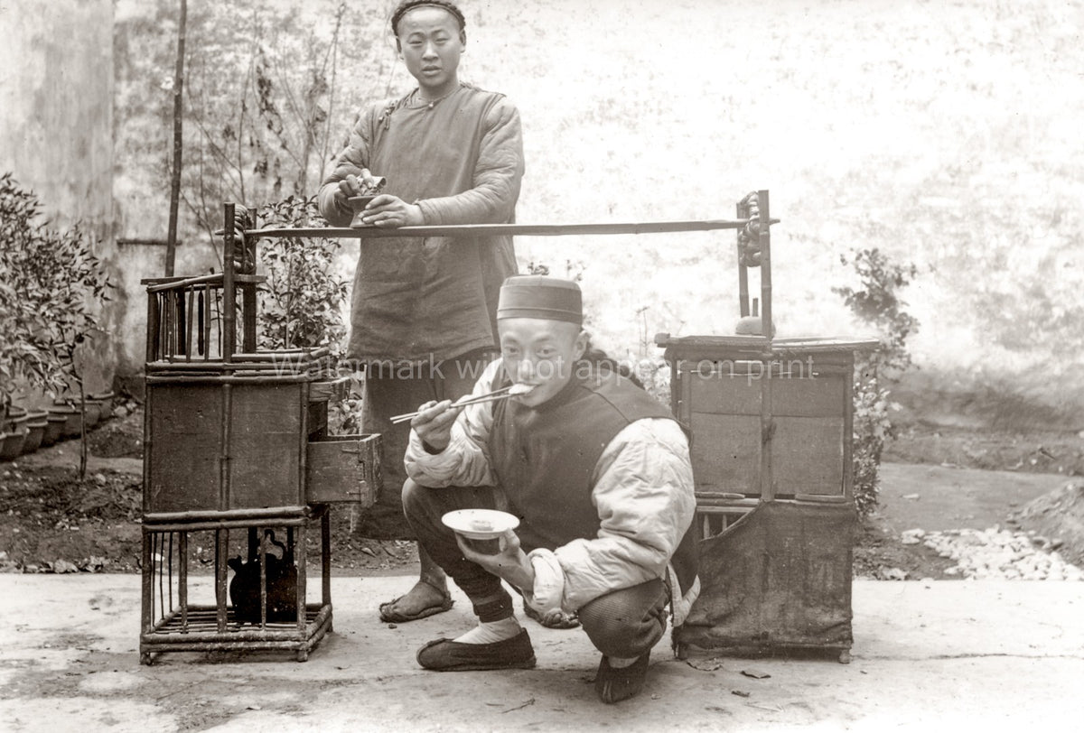 China Chinese Street Vendor Food Stall Men Eating Chopsticks Vtg. Photo 19thC.