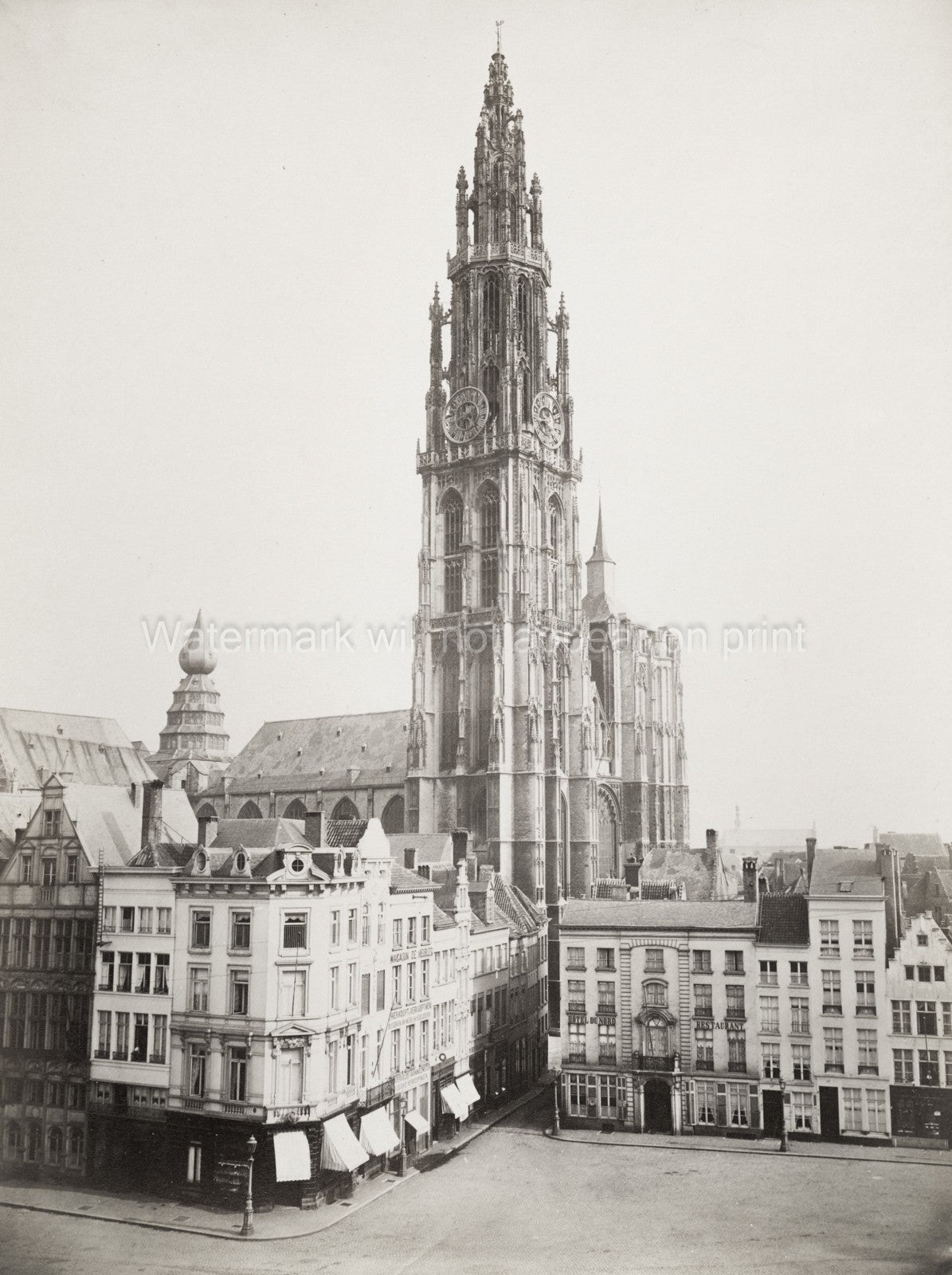 Antwerp Belgium Cathedral Cityscape Gothic Architecture Spire Vtg. Photo 19thC.