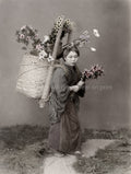 Japanese Country Woman Flower Vendor Basket Kimono Portrait Vtg. Photo 19thC.