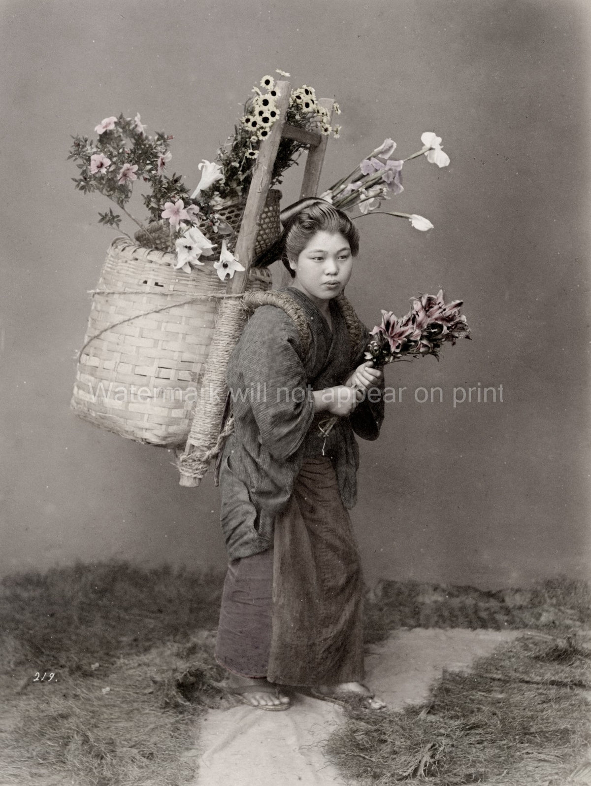 Japanese Country Woman Flower Vendor Basket Kimono Portrait Vtg. Photo 19thC.