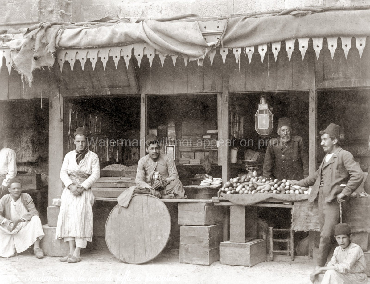 Jerusalem Palestine Vegetable Stall Market Merchants Men Fez Vtg. Photo 19thC.