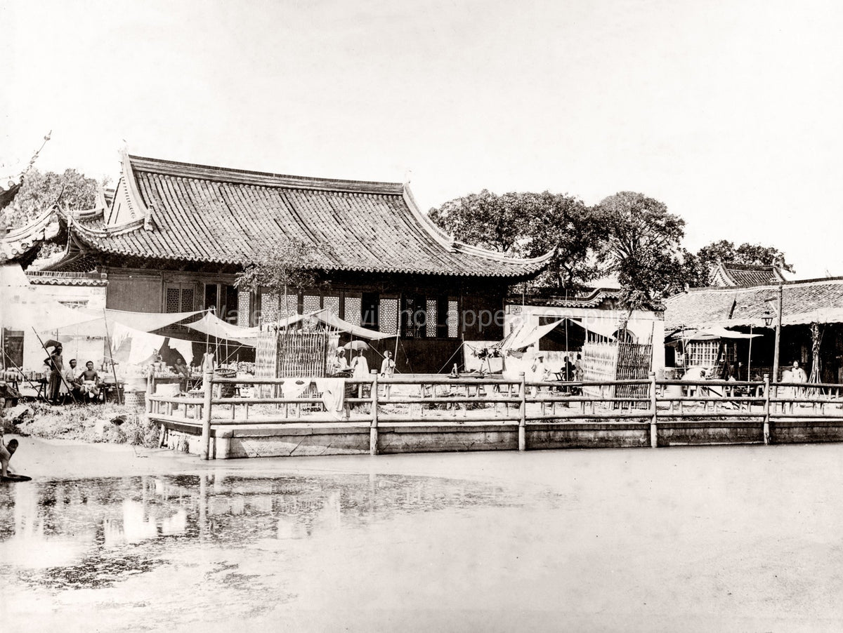 Shanghai China Tea House Waterfront Market Stalls People Vtg. Photo 19thC.