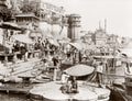 India Benares Varanasi Ghats River Ganges People Buildings Vtg. Photo 19thC.