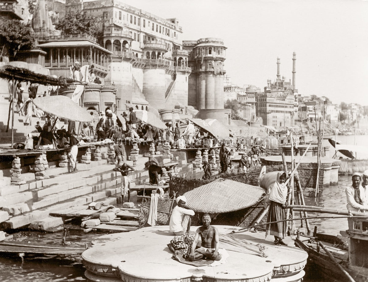 India Benares Varanasi Ghats River Ganges People Buildings Vtg. Photo 19thC.