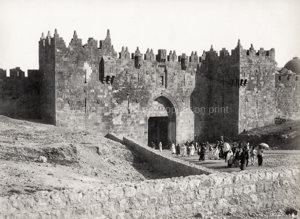 Damascus Gate Jerusalem City Wall Fortification Holy Land Vtg. Photo 19thC.