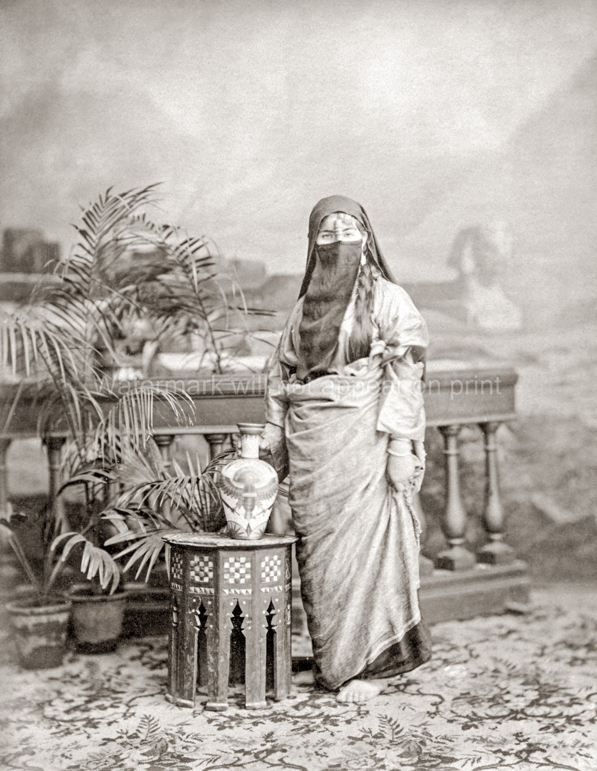 Egypt Veiled Woman Ornate Jug Sphinx Traditional Dress Vtg. Photo 19thC.