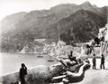 Amalfi Italy Coastal Town View Harbor Boats Mountains Men Vtg. Photo 19thC.