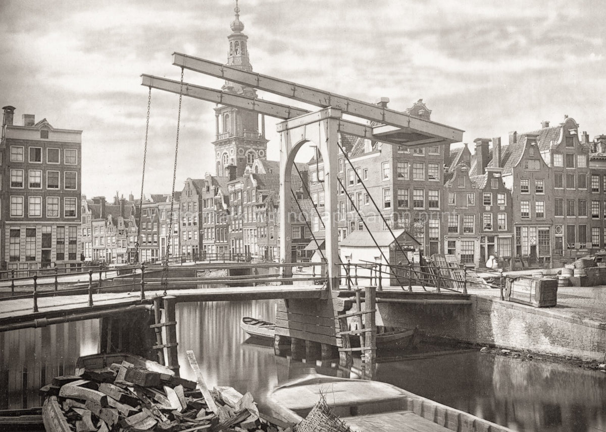 Amsterdam Netherlands Canal Drawbridge Zuiderkerk Tower Boats Vtg. Photo 19thC.