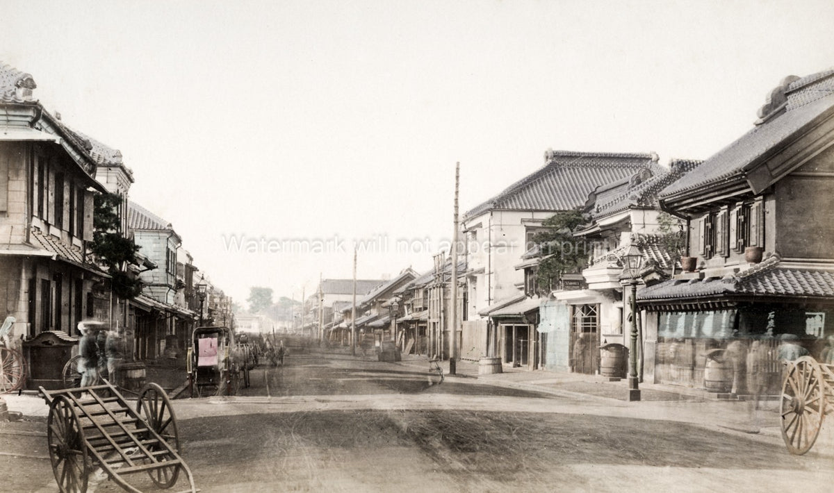 Yokohama Honcho Dori Main Street Scene Traditional Shops Carts Vtg. Photo 19thC.